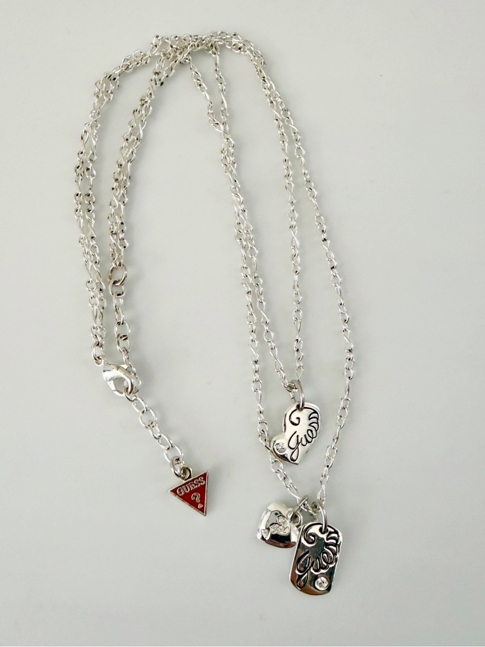 Guess Layer Heart Charms Silver Tone Minimalist Dainty Necklace